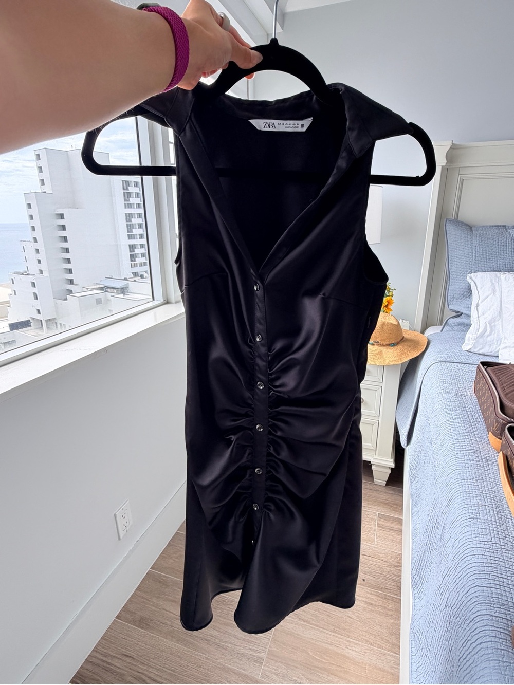 Zara Black Sleeveless Ruched Button-Front Mini Dress
